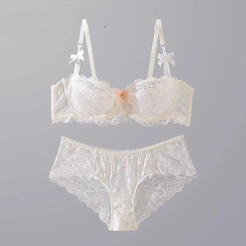 MOYISU Summer Lingerie Set Sheer French Lace Minimiser Bra Briefs Ultra Thin Sexy Women's Underwear Big Bust Sexy Tushy & Panty