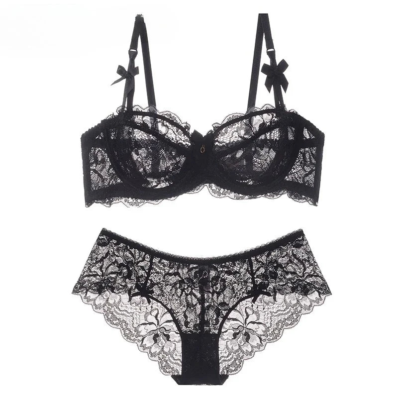 MOYISU Summer Lingerie Set Sheer French Lace Minimiser Bra Briefs Ultra Thin Sexy Women's Underwear Big Bust Sexy Tushy & Panty