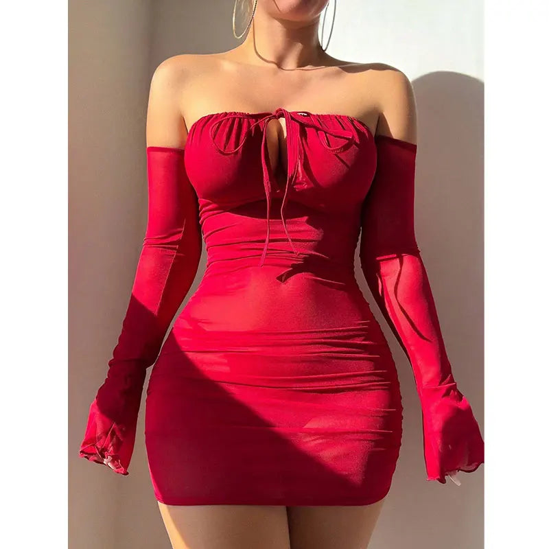 Sexy Beauty Transparent Bra Lace-Up Tight Dress With Gloves Lingerie Sets Women Off-the-shoulder Sexy Underwear Pajamas